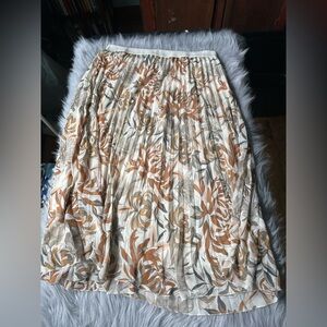 Floral Pleated Midi Skirt in Cream and Brown